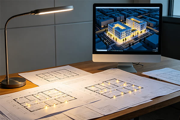 A city planning office with blueprints and lighting designs on a table.